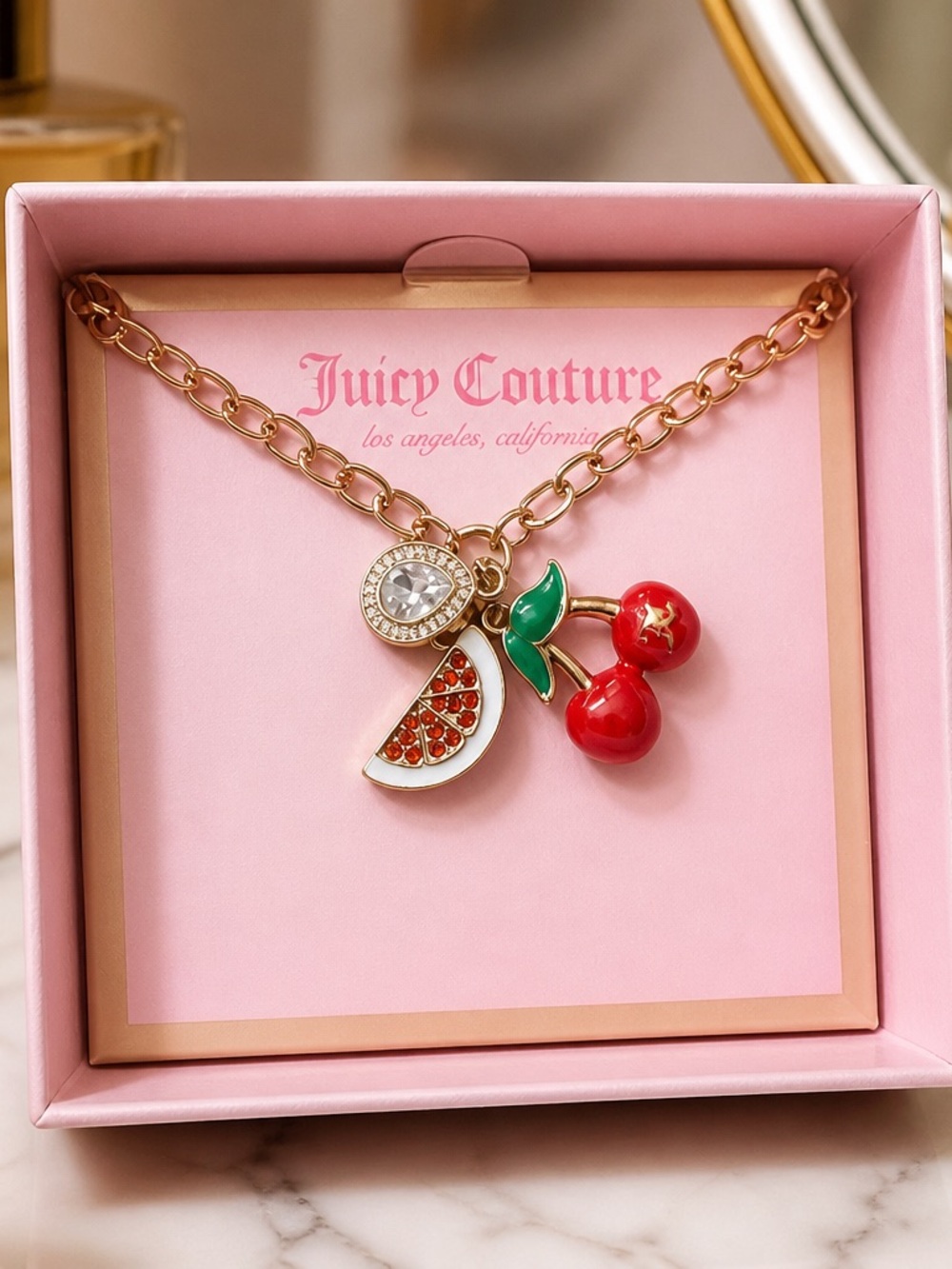 Juicy Couture Gold Cherry & Citrus Charm Necklace - Red & Green